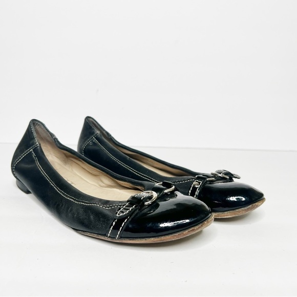 Attilio Giusti Leombruni AGL Black Leather Patent Buckle Cap Flat Shoes Women’s - Picture 1 of 7